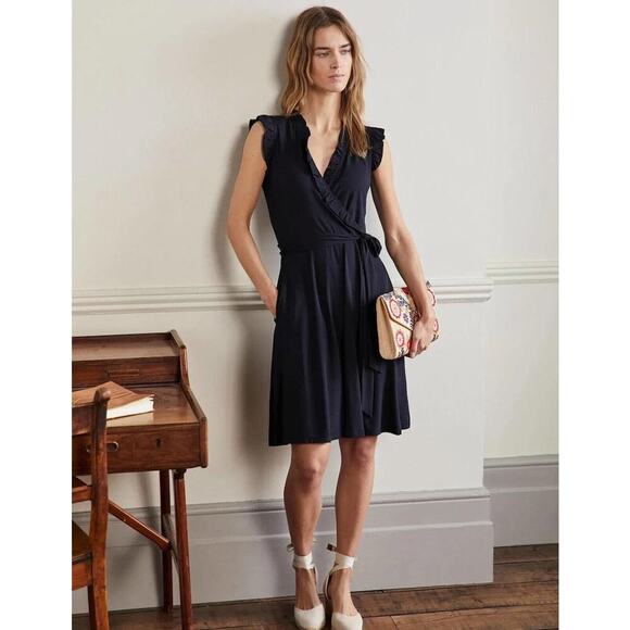 NWT Boden Navy Ruffle Fixed Wrap Jersey Dress Sz US 6 - Picture 6 of 11